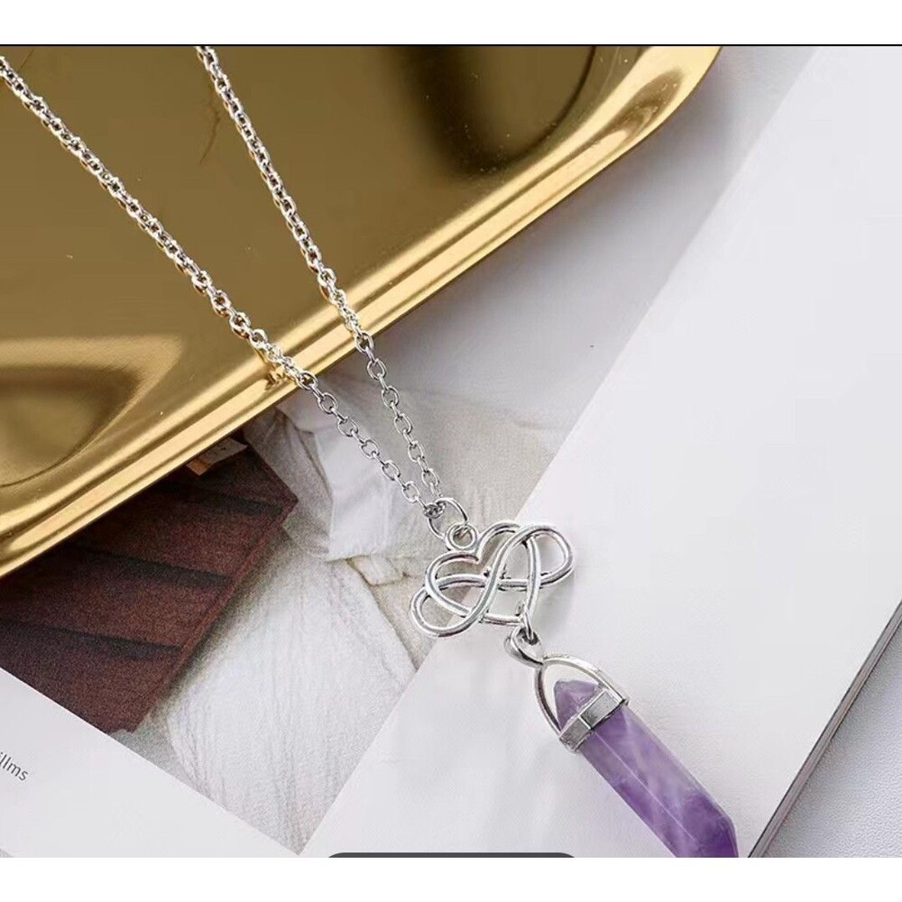 Boho Natural Amythest Crystal Obelisk Gemstone Quartz Pendant Infinity Necklace